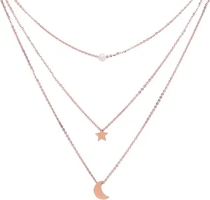 18k Rose Gold Stainless Steel Women Multi-Layered Pearl Sun Star Moon Crescent Necklace