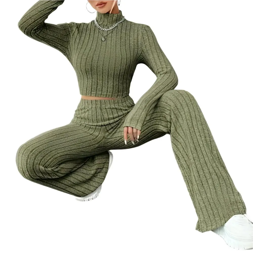 2-Piece Women’s  Half-High Collar Sweatshirt Slim Fit Sport Outfit Flare Pants