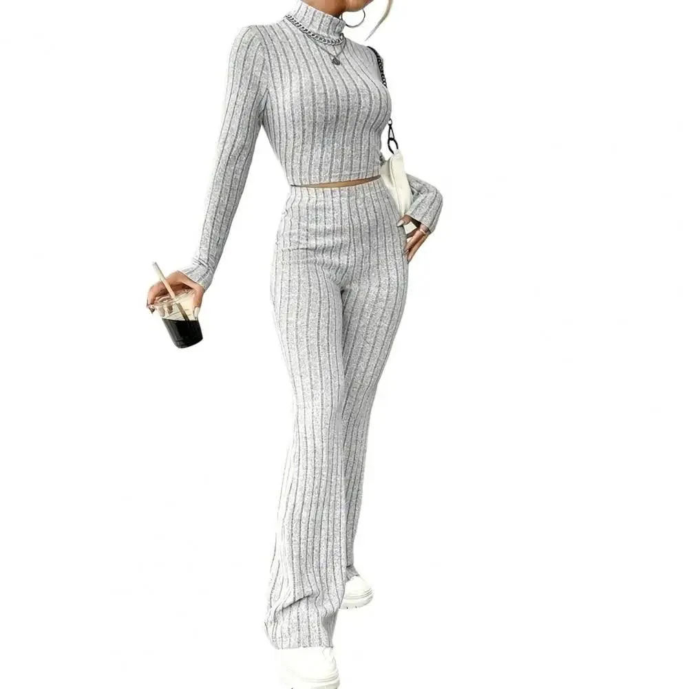 2-Piece Women’s  Half-High Collar Sweatshirt Slim Fit Sport Outfit Flare Pants