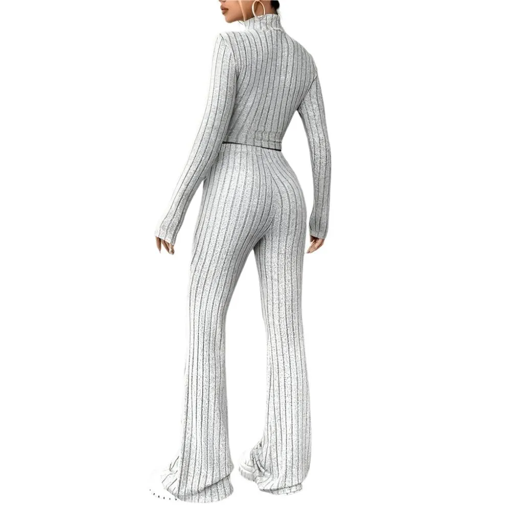 2-Piece Women’s  Half-High Collar Sweatshirt Slim Fit Sport Outfit Flare Pants