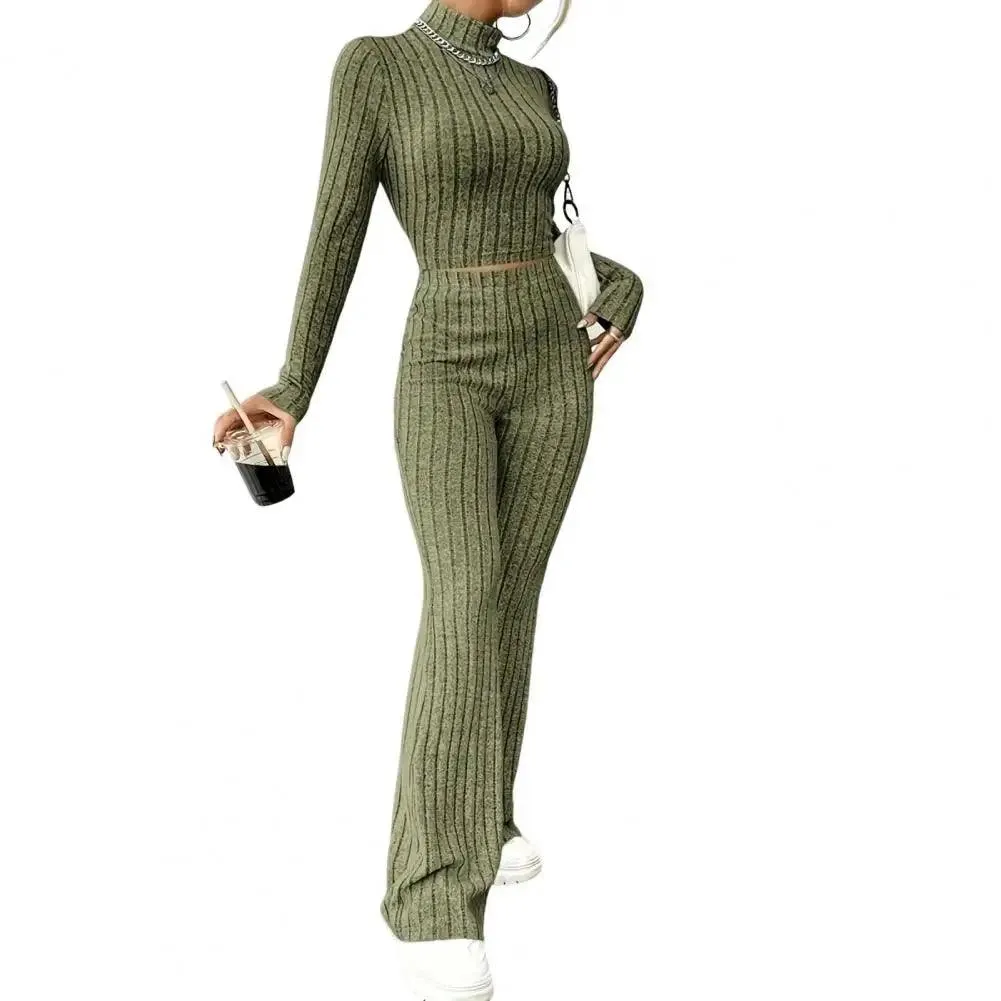 2-Piece Women’s  Half-High Collar Sweatshirt Slim Fit Sport Outfit Flare Pants
