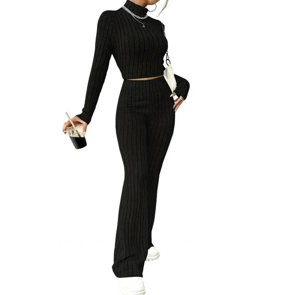 2-Piece Women’s  Half-High Collar Sweatshirt Slim Fit Sport Outfit Flare Pants