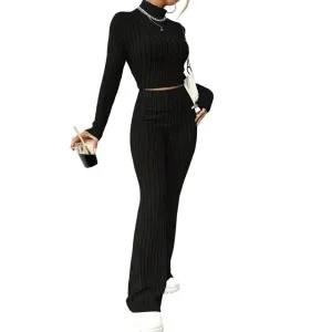 2-Piece Women’s  Half-High Collar Sweatshirt Slim Fit Sport Outfit Flare Pants