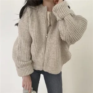 Aiertu Autumn Women's Knitted Jacket New Korean Chic Casual Sweater Coat Solid Color Zipper Thick O Neck Cardigans Women
