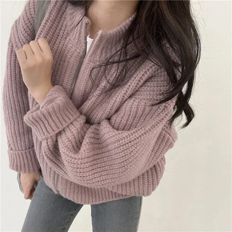 Aiertu Autumn Women's Knitted Jacket New Korean Chic Casual Sweater Coat Solid Color Zipper Thick O Neck Cardigans Women