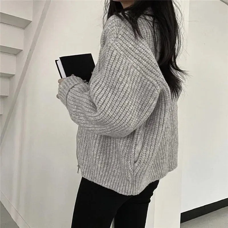 Aiertu Autumn Women's Knitted Jacket New Korean Chic Casual Sweater Coat Solid Color Zipper Thick O Neck Cardigans Women
