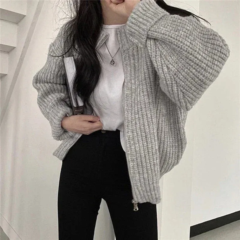 Aiertu Autumn Women's Knitted Jacket New Korean Chic Casual Sweater Coat Solid Color Zipper Thick O Neck Cardigans Women