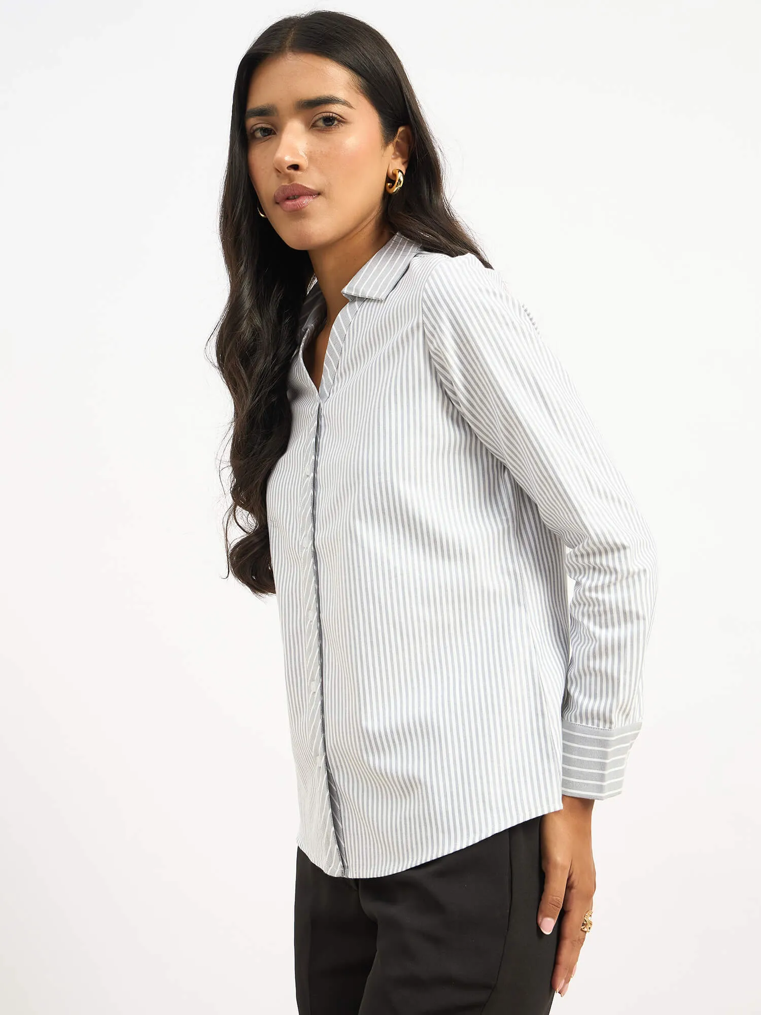 Anetta Contrast Striped Shirt - Grey & White