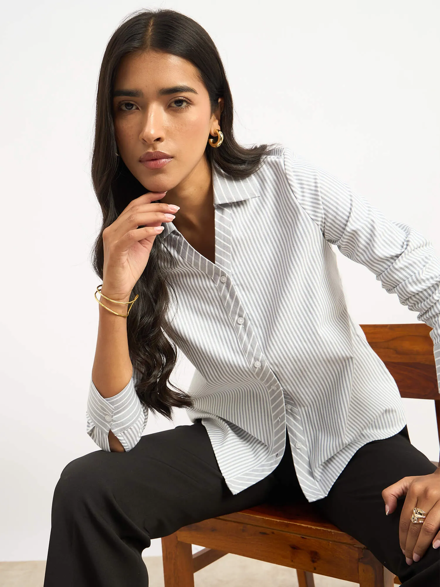 Anetta Contrast Striped Shirt - Grey & White