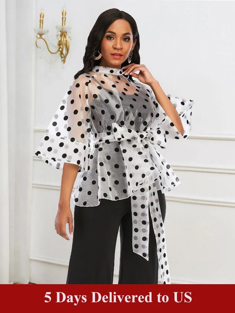 AOMEIDRESS Women See Through Polka Dots Blouse Sash Peplum Tops