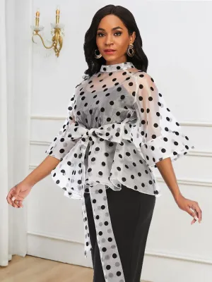 AOMEIDRESS Women See Through Polka Dots Blouse Sash Peplum Tops