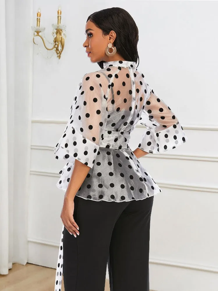 AOMEIDRESS Women See Through Polka Dots Blouse Sash Peplum Tops