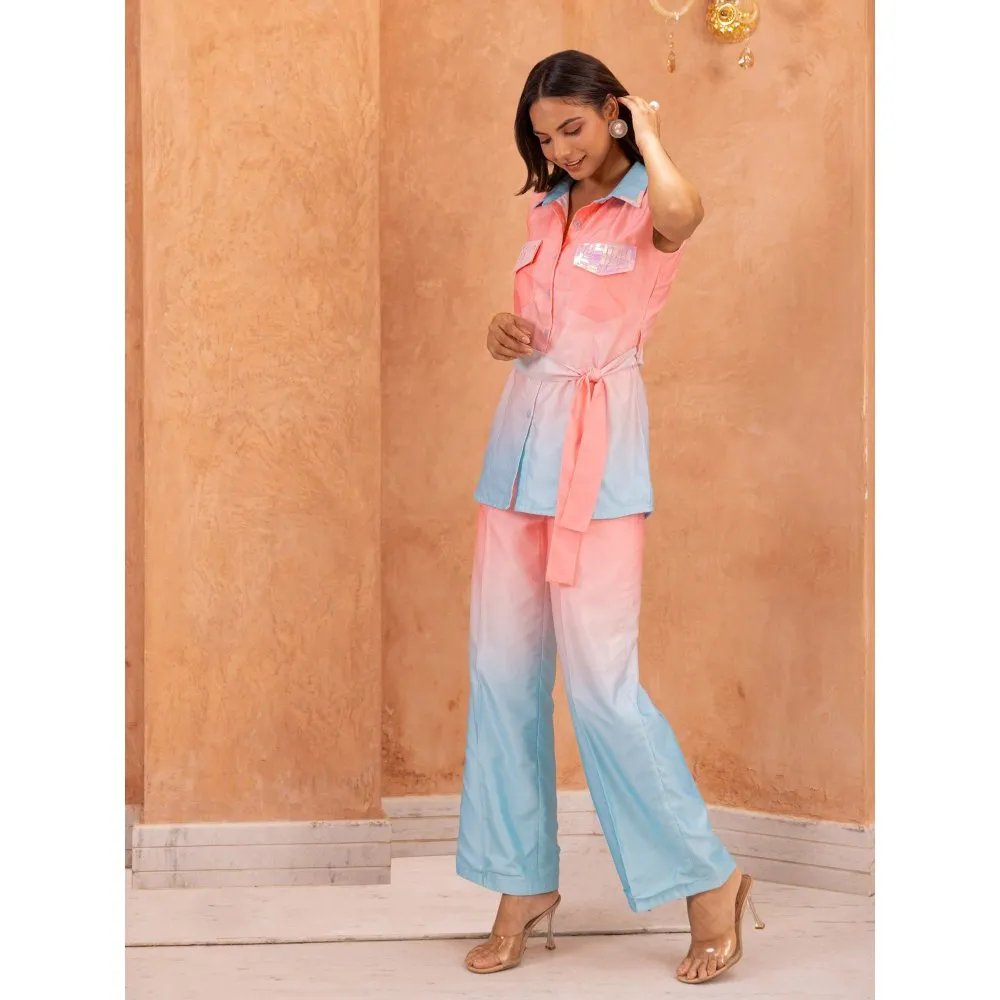 B'Infinite Cyan Ombre Embellished Co-ords (Set of 3)