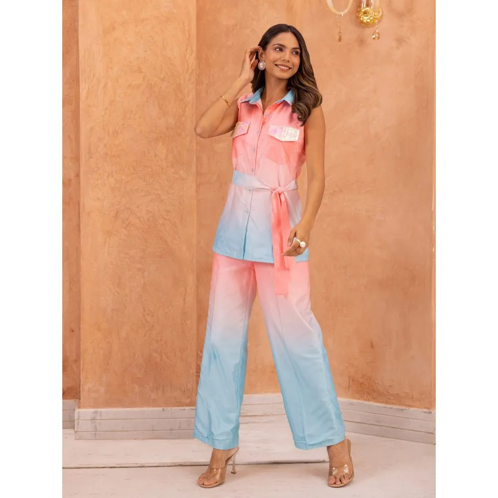 B'Infinite Cyan Ombre Embellished Co-ords (Set of 3)