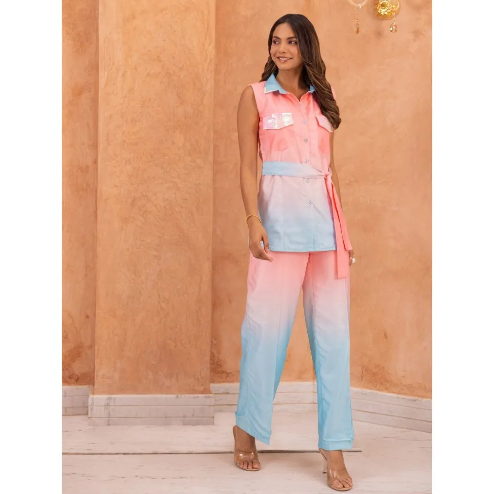 B'Infinite Cyan Ombre Embellished Co-ords (Set of 3)