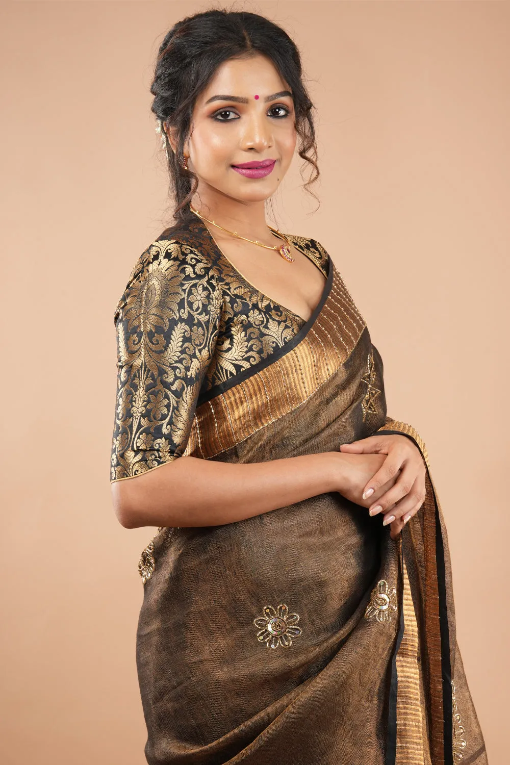 Black Banarasi brocade blouse with pann neck blouse