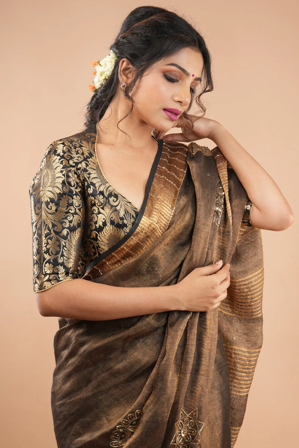 Black Banarasi brocade blouse with pann neck blouse