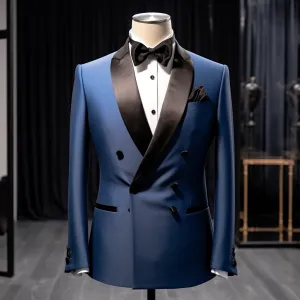 Blue Double Breasted Tuxedo with Black Satin Lapels - The Ultimate Wedding and Business Suit for Men
