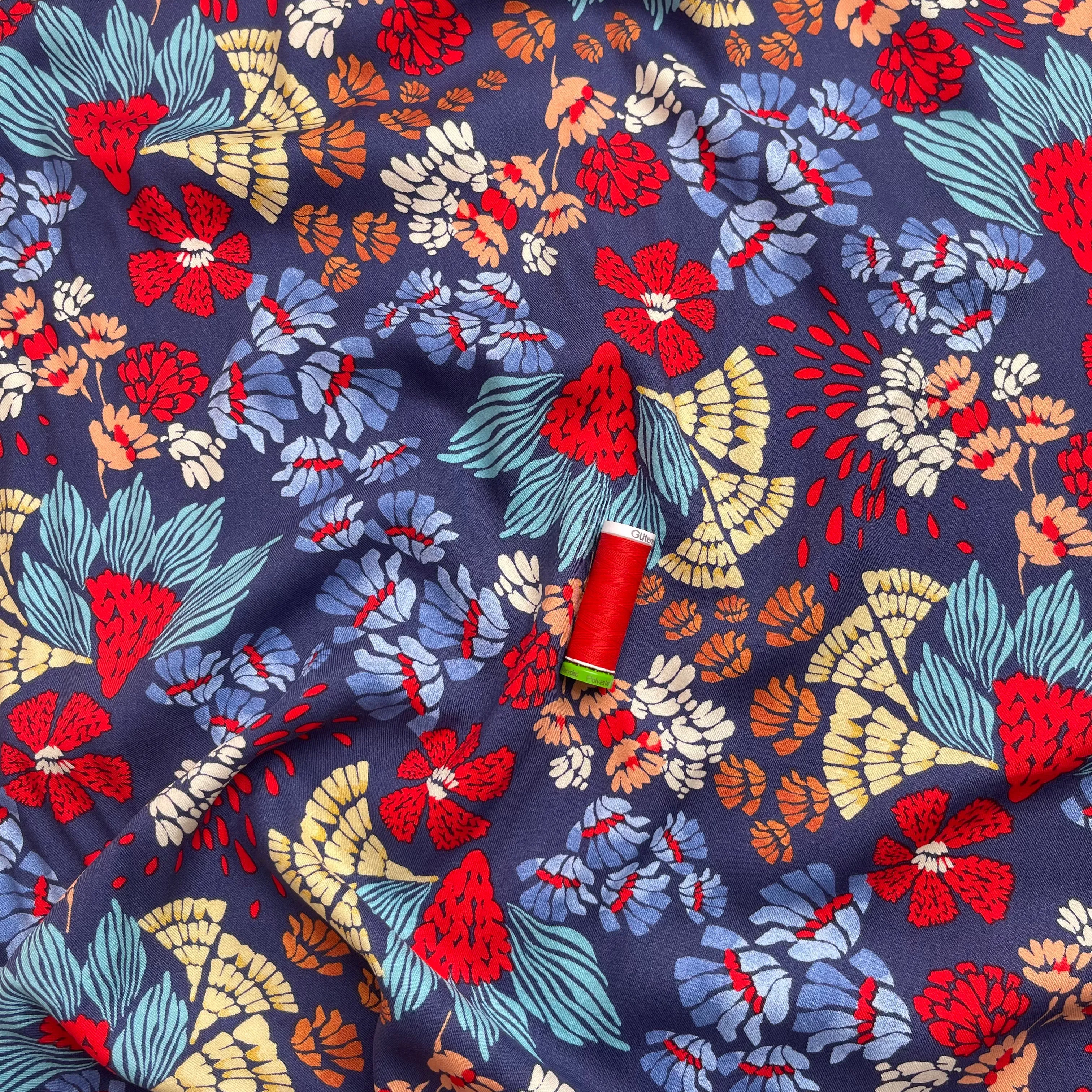 Bold Blue Abstract Flowers Viscose Twill Fabric