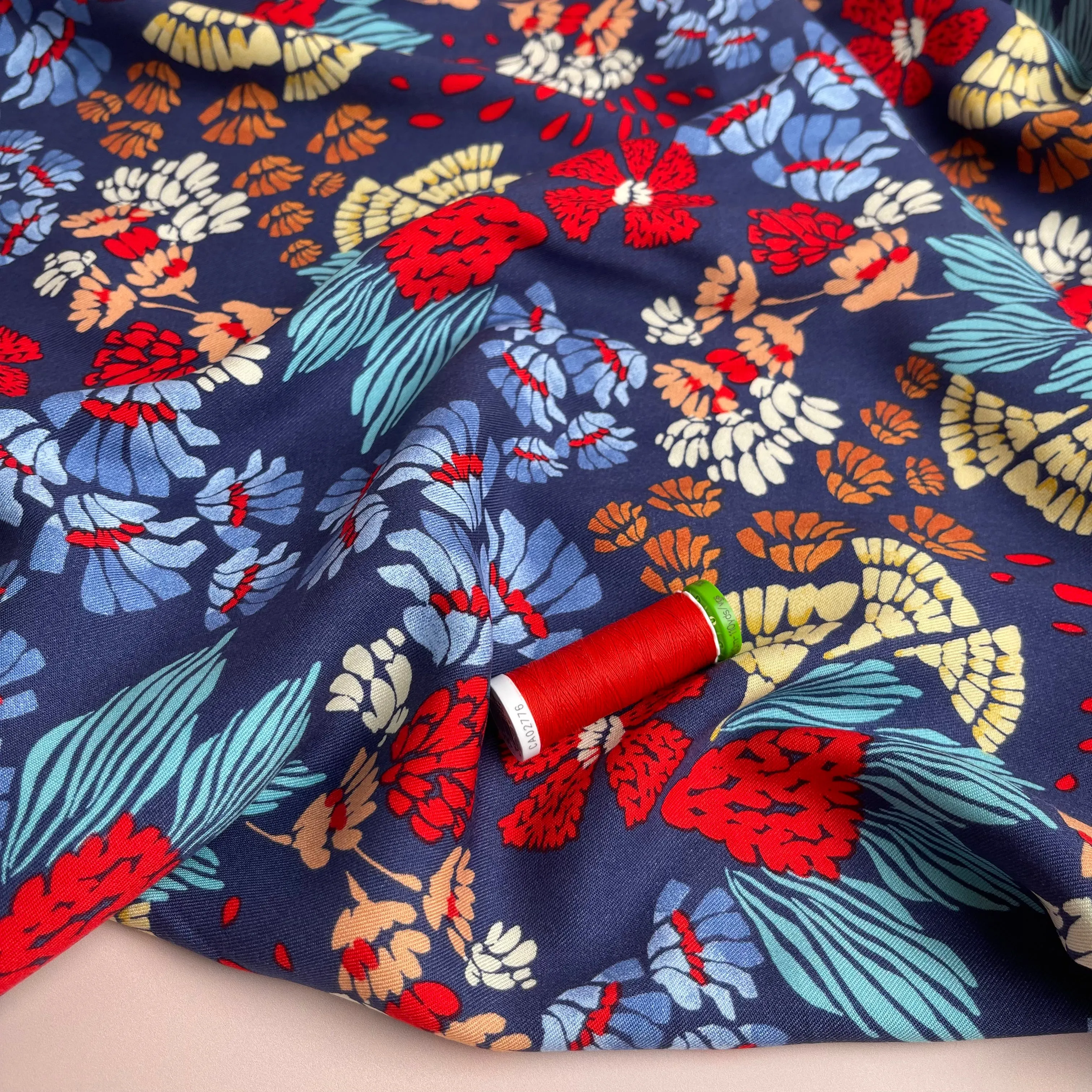 Bold Blue Abstract Flowers Viscose Twill Fabric