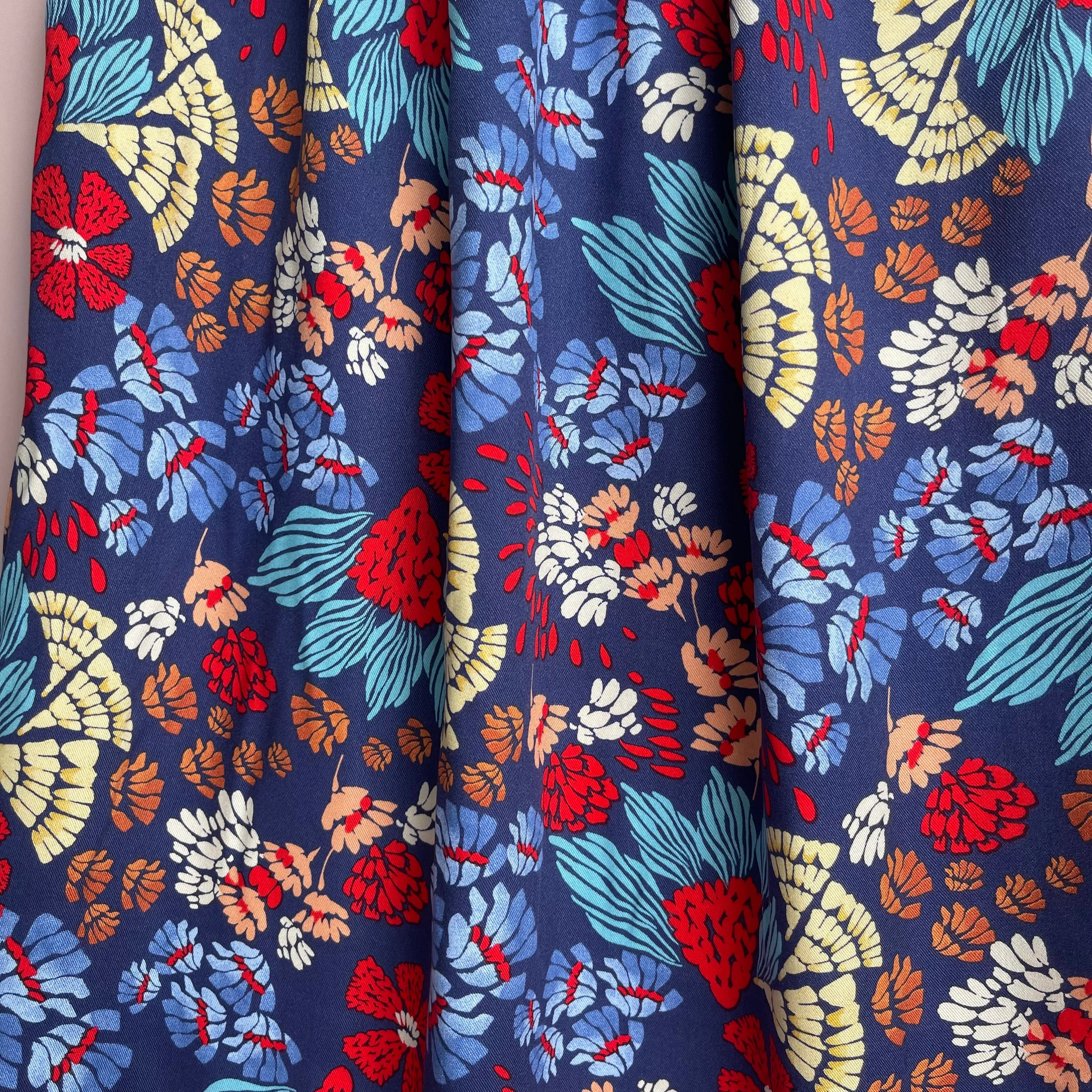 Bold Blue Abstract Flowers Viscose Twill Fabric