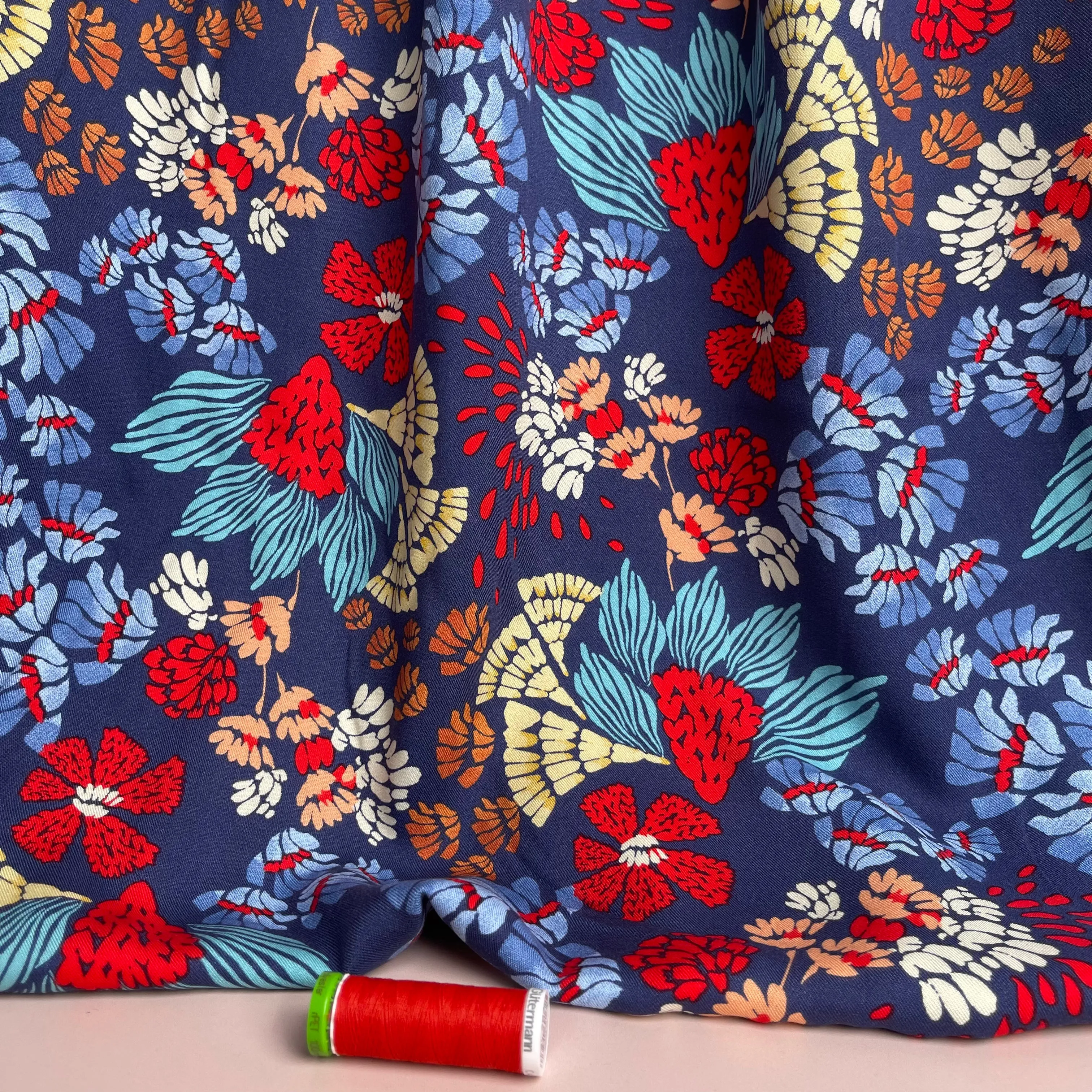 Bold Blue Abstract Flowers Viscose Twill Fabric