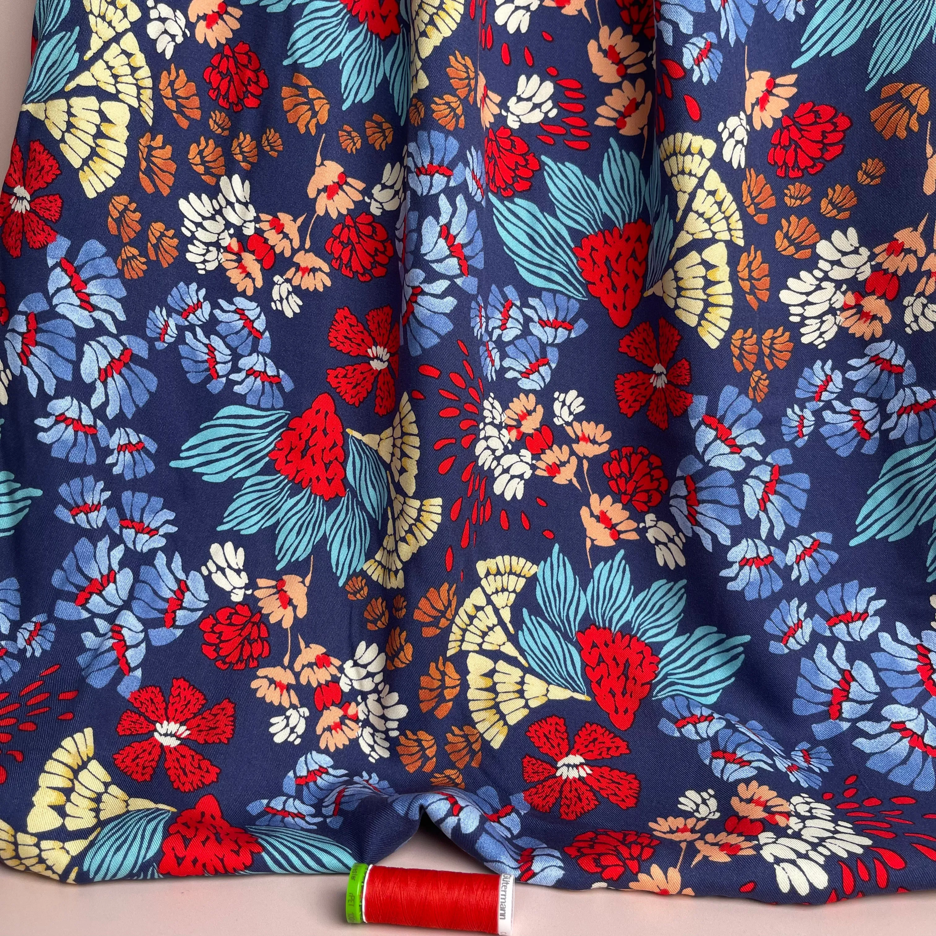 Bold Blue Abstract Flowers Viscose Twill Fabric