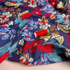 Bold Blue Abstract Flowers Viscose Twill Fabric
