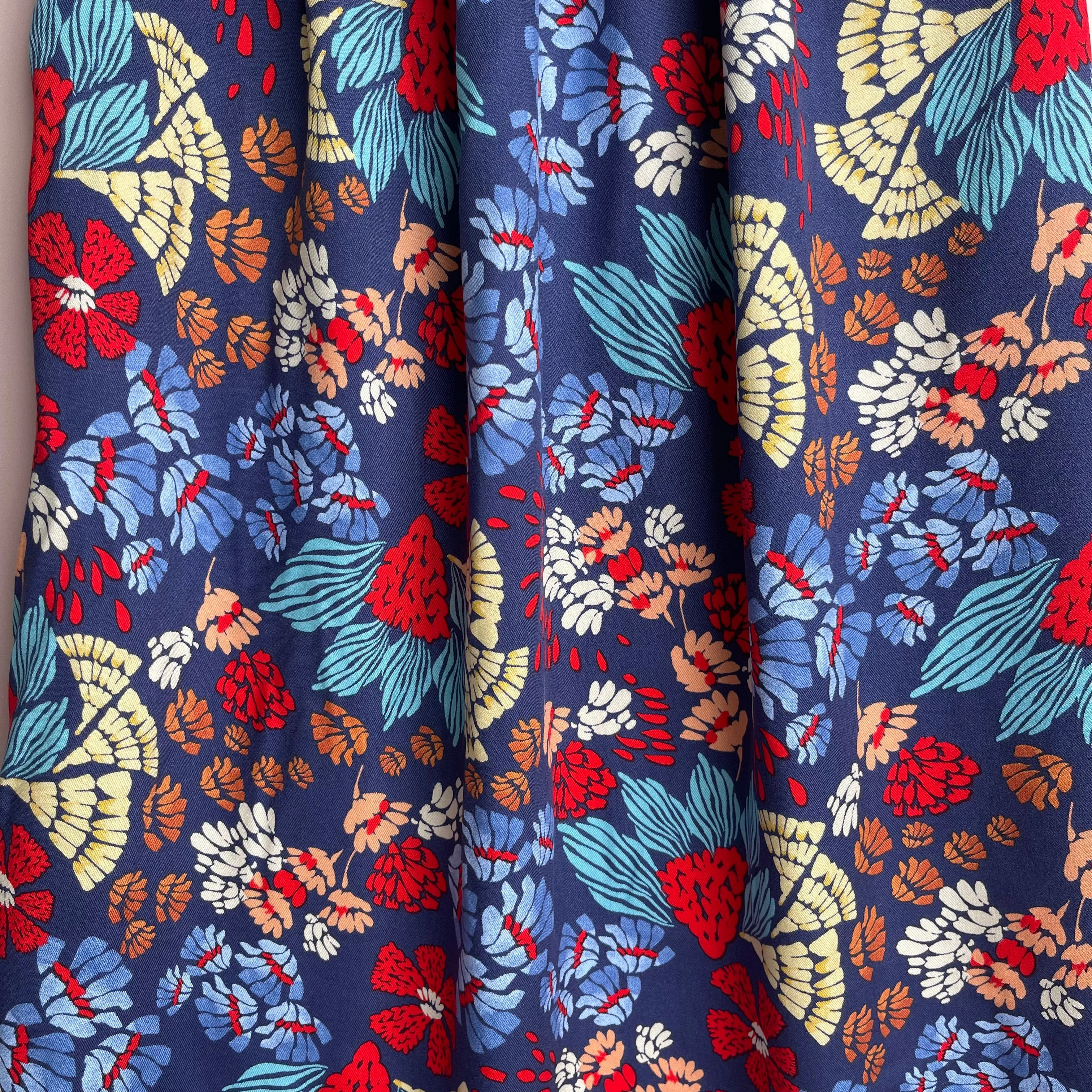 Bold Blue Abstract Flowers Viscose Twill Fabric
