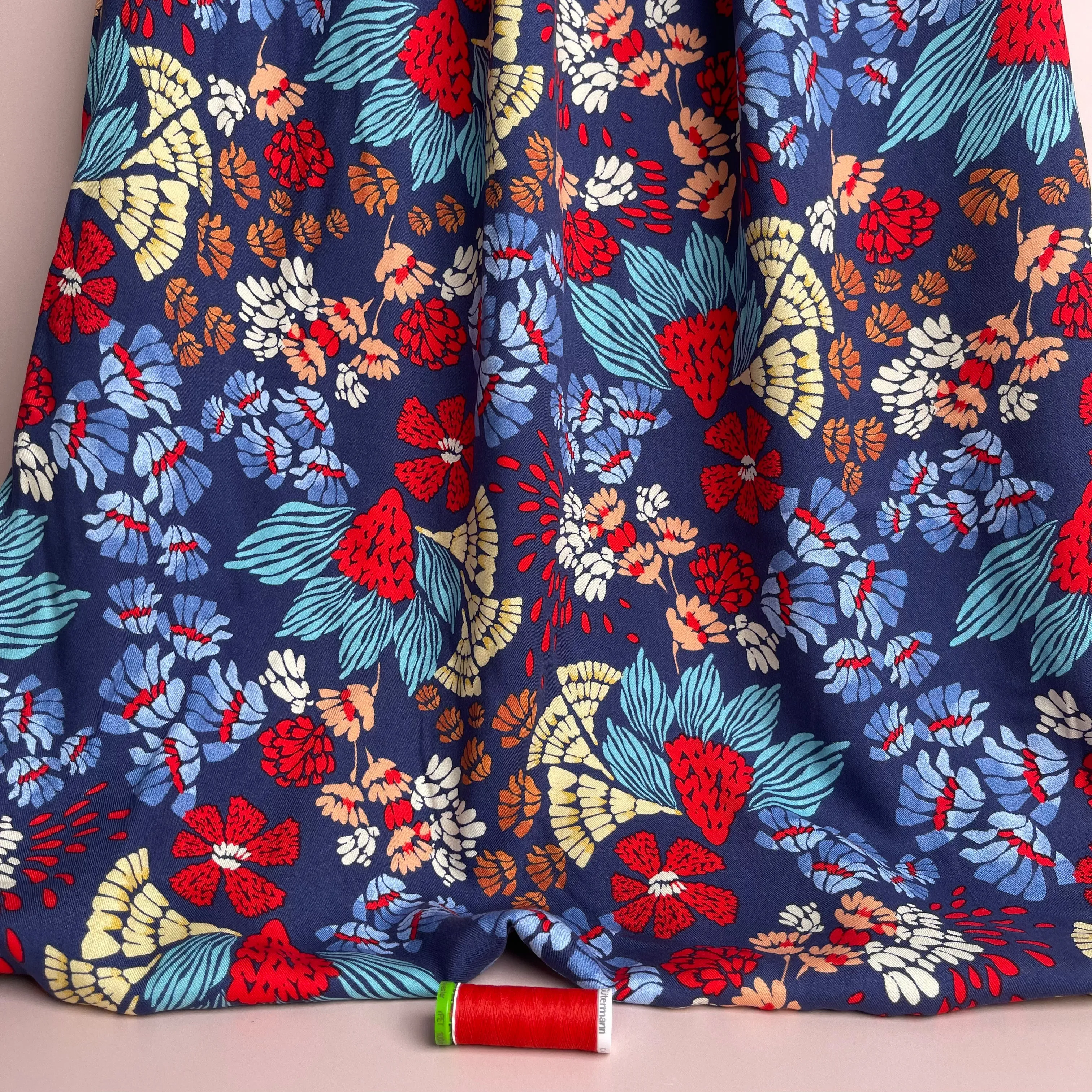 Bold Blue Abstract Flowers Viscose Twill Fabric