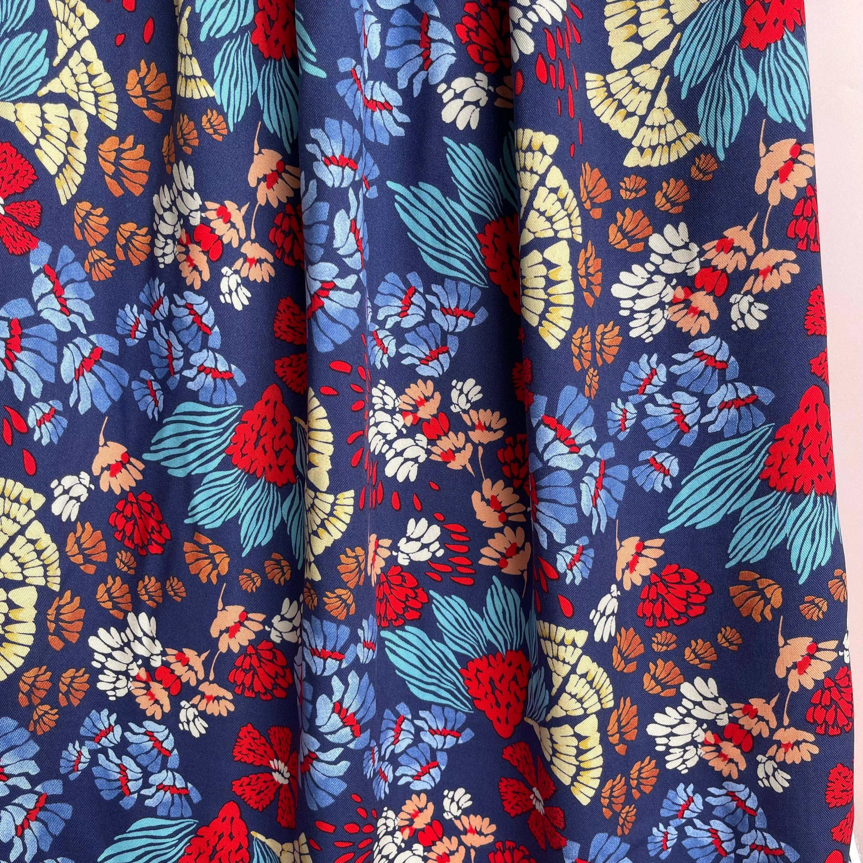 Bold Blue Abstract Flowers Viscose Twill Fabric