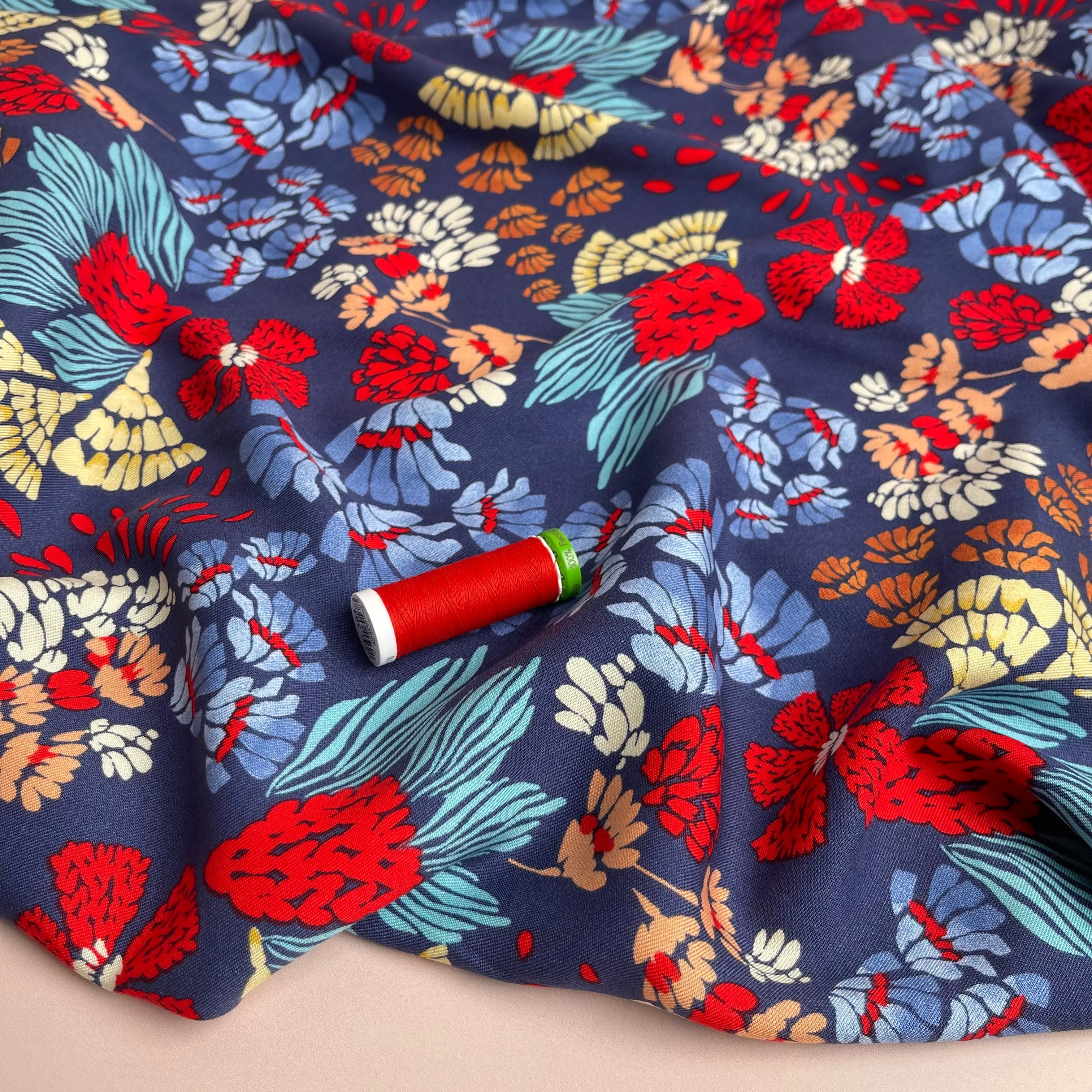 Bold Blue Abstract Flowers Viscose Twill Fabric