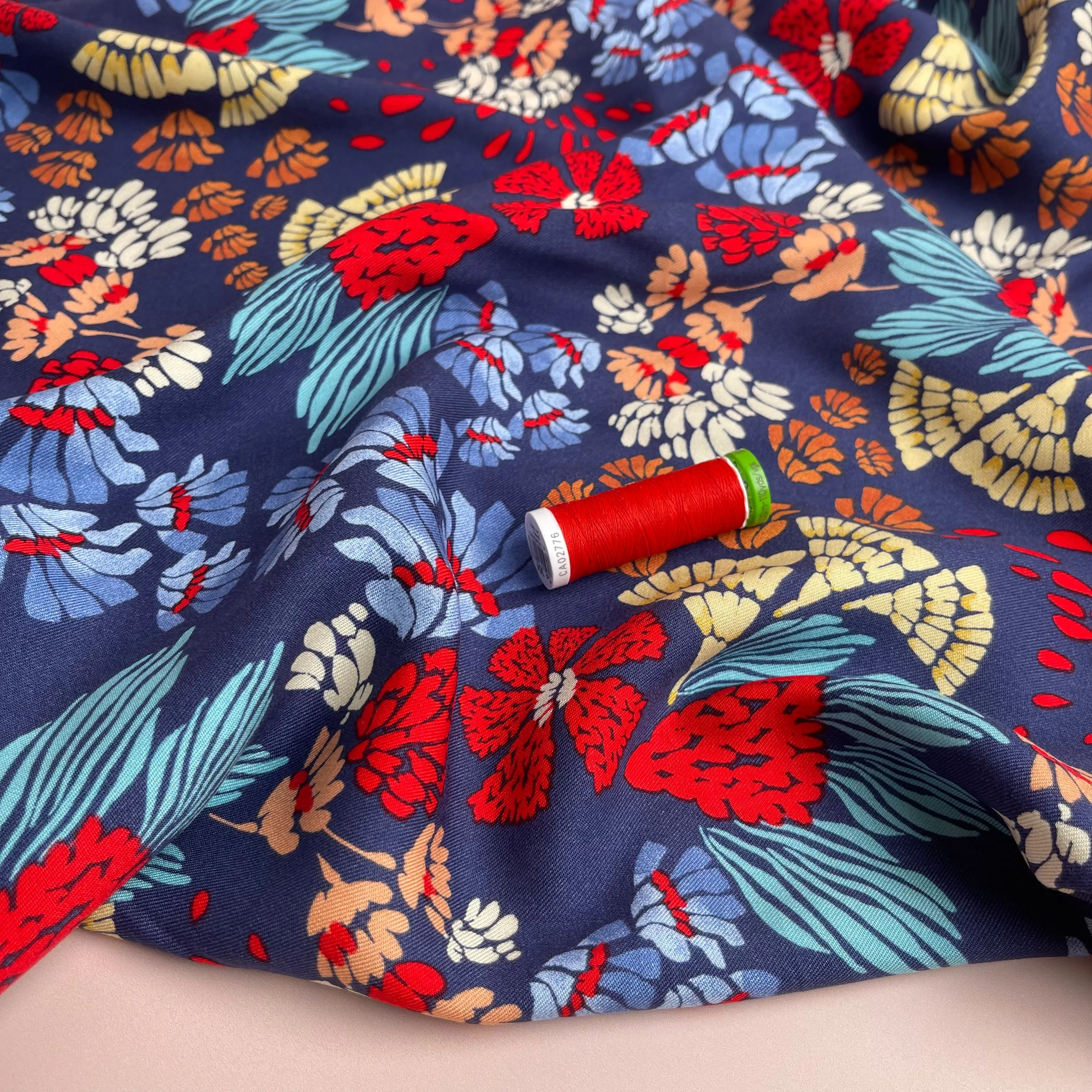 Bold Blue Abstract Flowers Viscose Twill Fabric