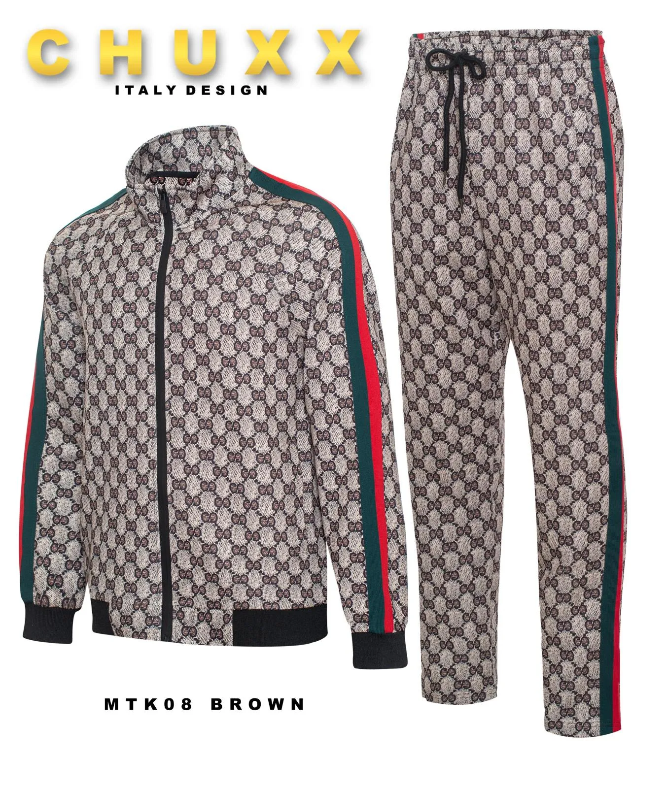 Brown Men's Tracksuit Jogging 2-Pieces Set Printed Material Red and Green Strips Style No: MTK08