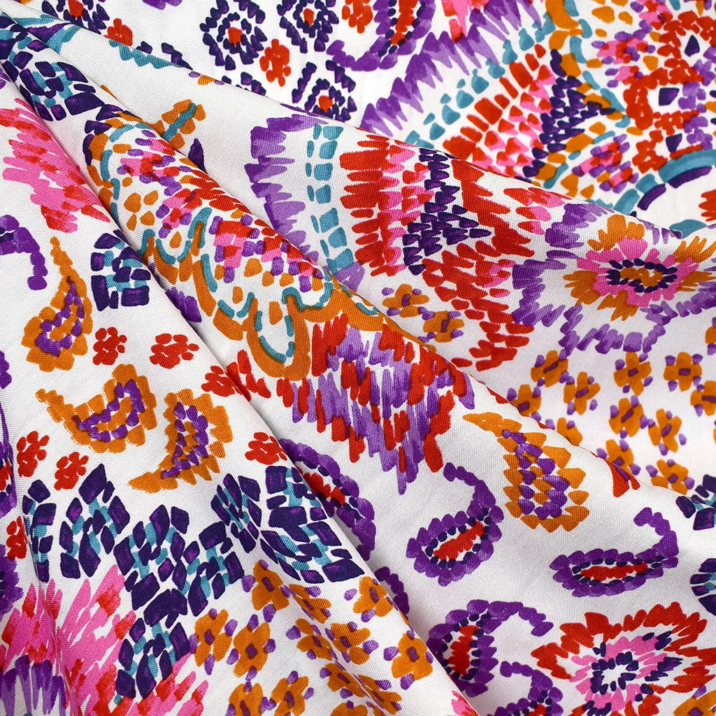 Brushstroke Mosaic Floral Rayon Challis White/Pink SY