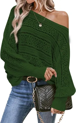 Cakulo Womens Off The Shoulder Sweater Top Fall 2025 Oversized Knit Batwing Long Sleeve Crochet Pullover Sweaters