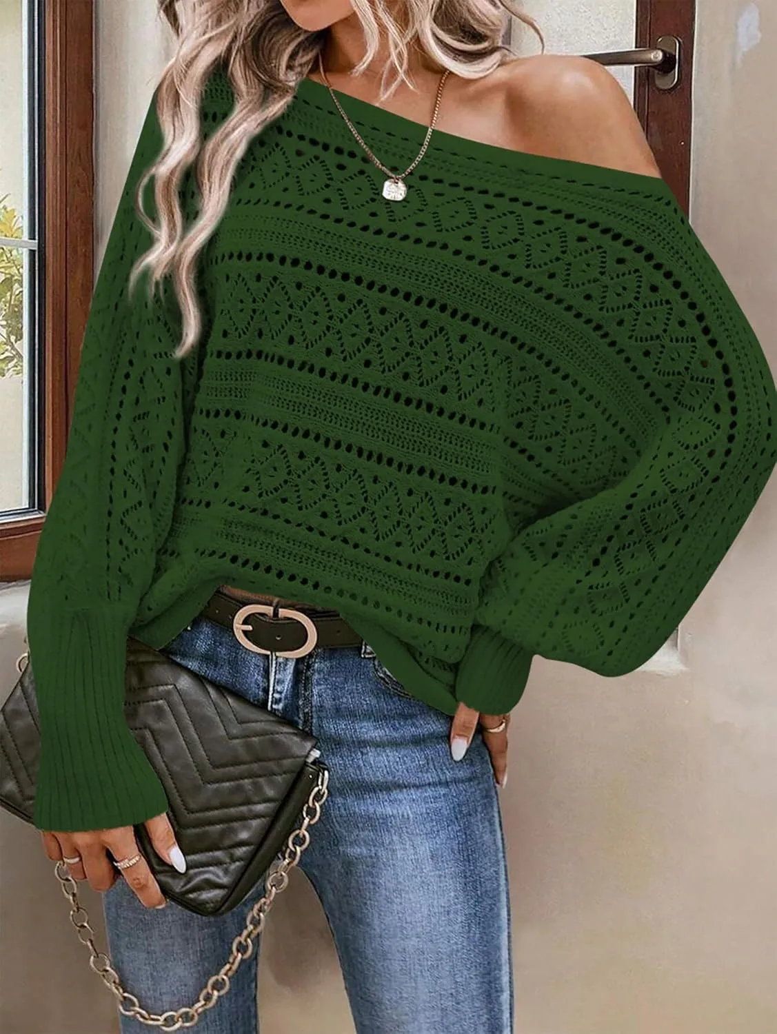 Cakulo Womens Off The Shoulder Sweater Top Fall 2025 Oversized Knit Batwing Long Sleeve Crochet Pullover Sweaters