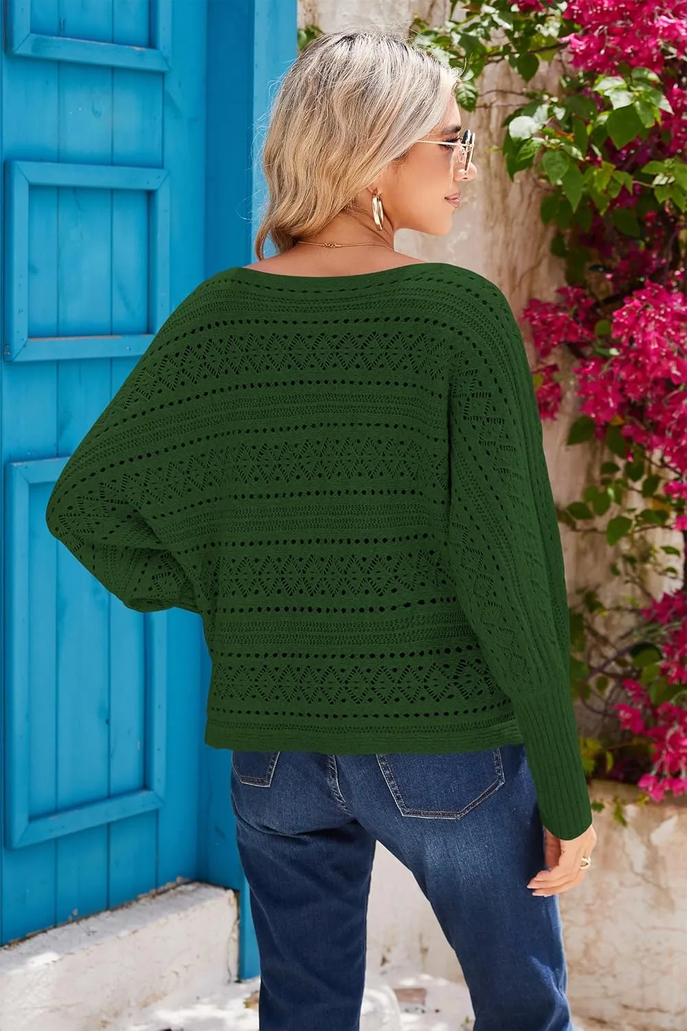 Cakulo Womens Off The Shoulder Sweater Top Fall 2025 Oversized Knit Batwing Long Sleeve Crochet Pullover Sweaters