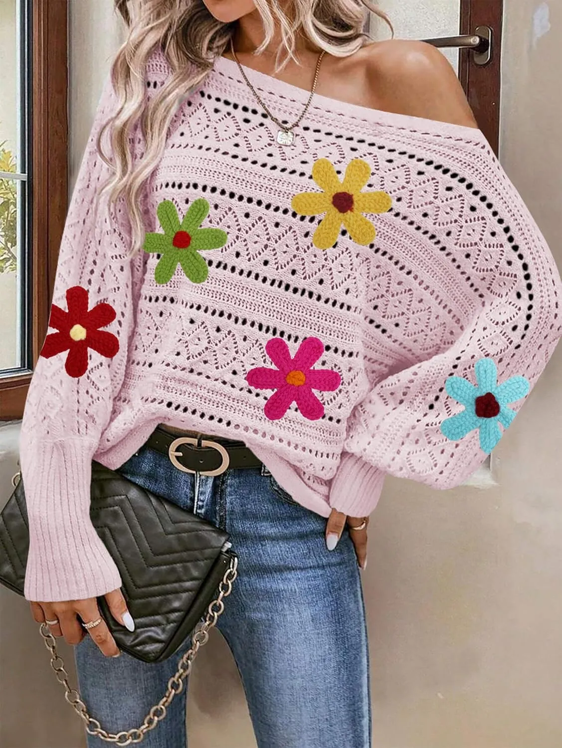 Cakulo Womens Off The Shoulder Sweater Top Fall 2025 Oversized Knit Batwing Long Sleeve Crochet Pullover Sweaters