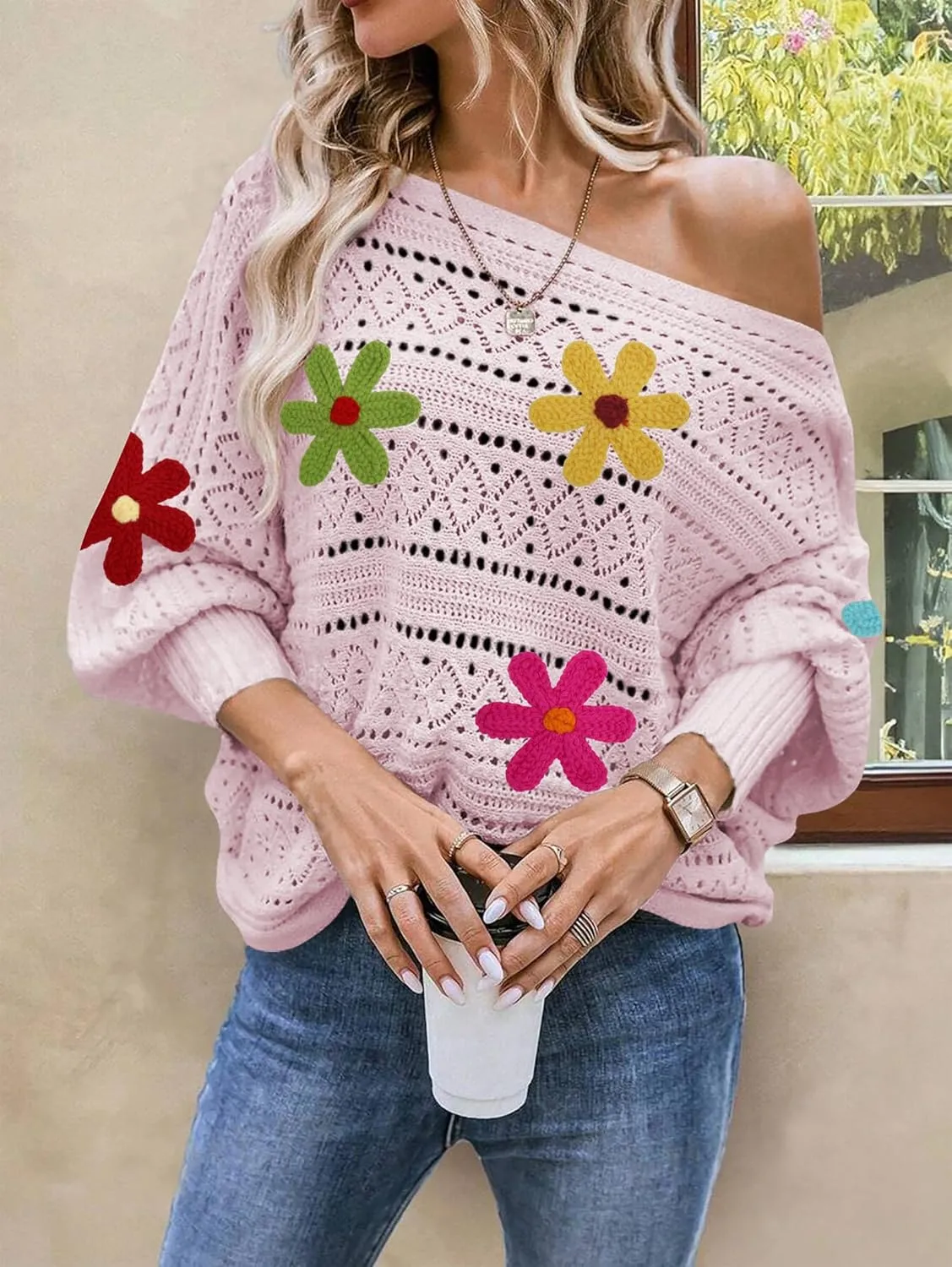Cakulo Womens Off The Shoulder Sweater Top Fall 2025 Oversized Knit Batwing Long Sleeve Crochet Pullover Sweaters