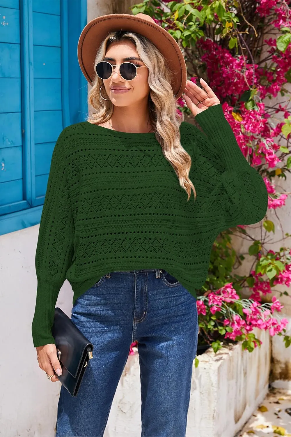 Cakulo Womens Off The Shoulder Sweater Top Fall 2025 Oversized Knit Batwing Long Sleeve Crochet Pullover Sweaters