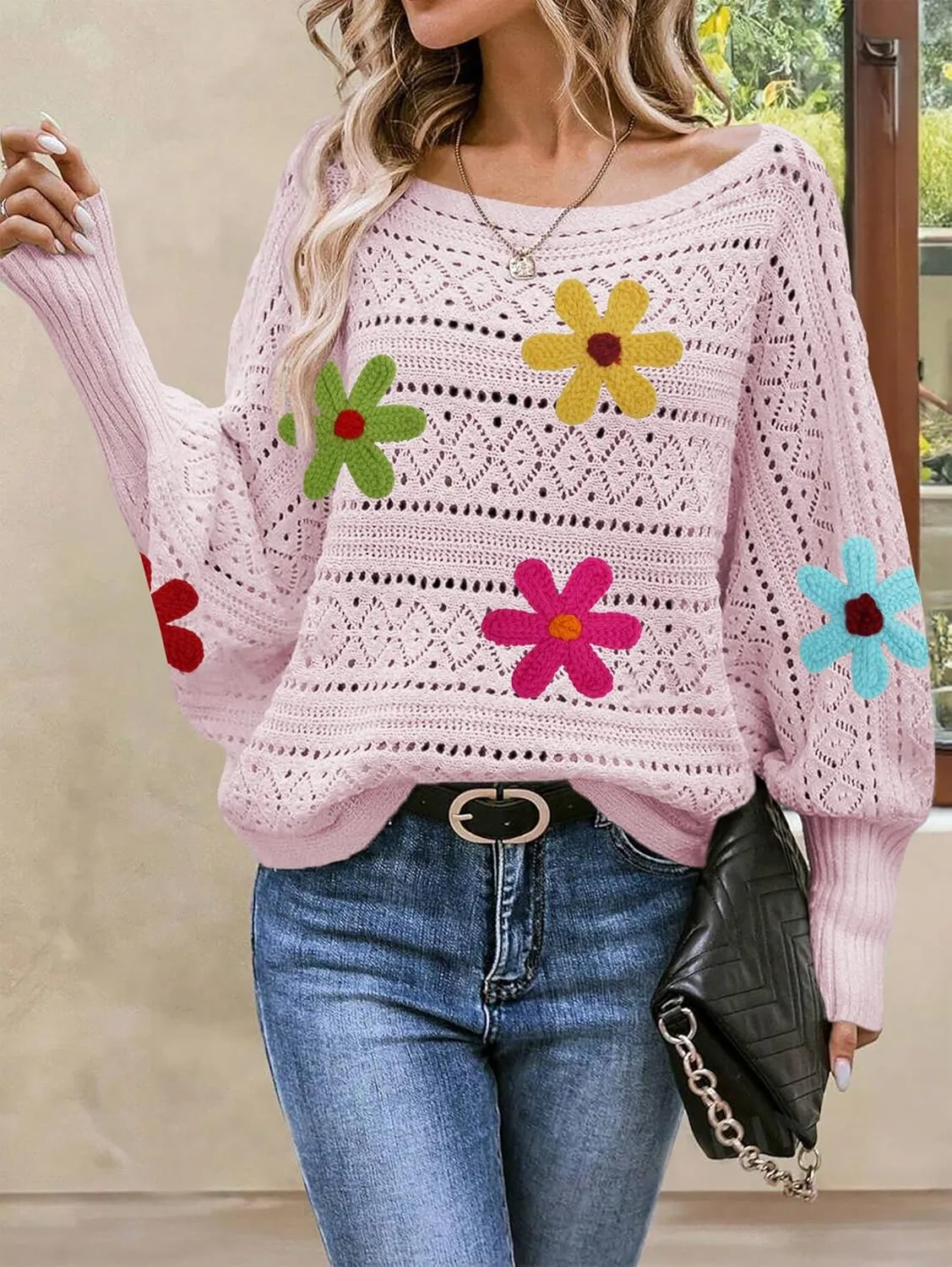 Cakulo Womens Off The Shoulder Sweater Top Fall 2025 Oversized Knit Batwing Long Sleeve Crochet Pullover Sweaters