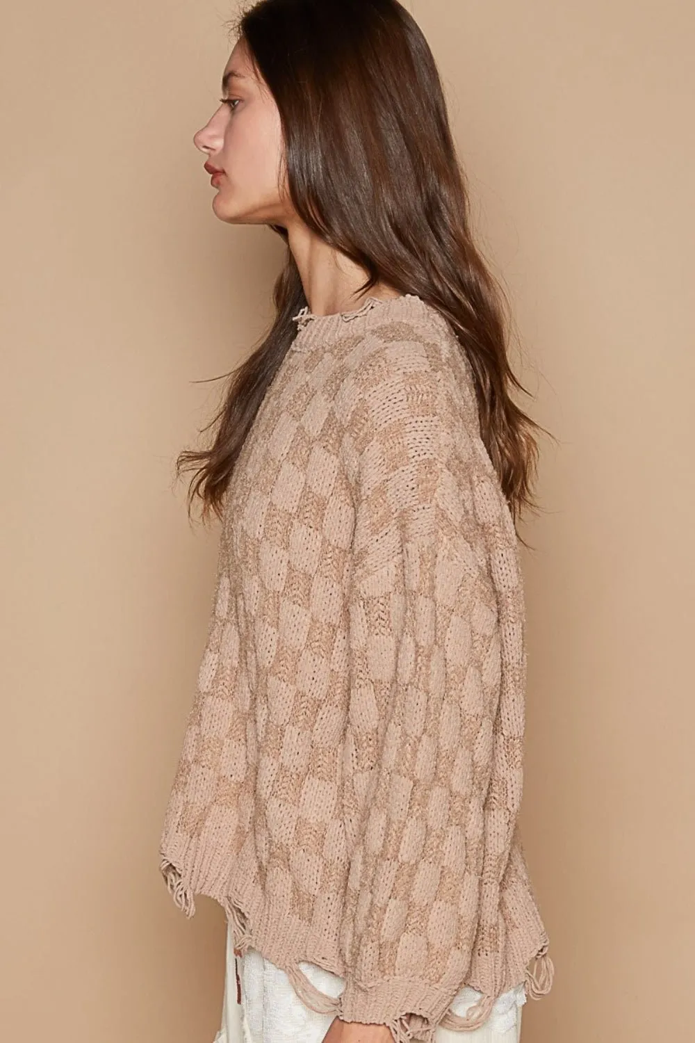 Checkered Distressed Edge Sweater in Mocha Beige