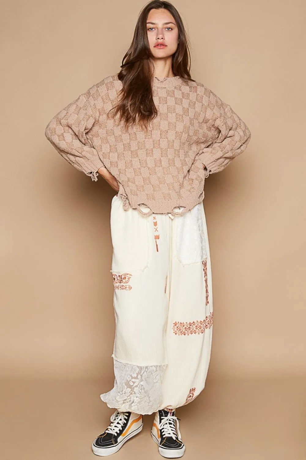 Checkered Distressed Edge Sweater in Mocha Beige