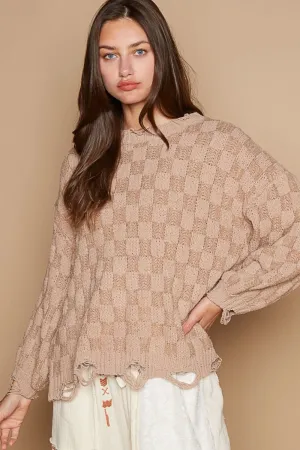 Checkered Distressed Edge Sweater in Mocha Beige