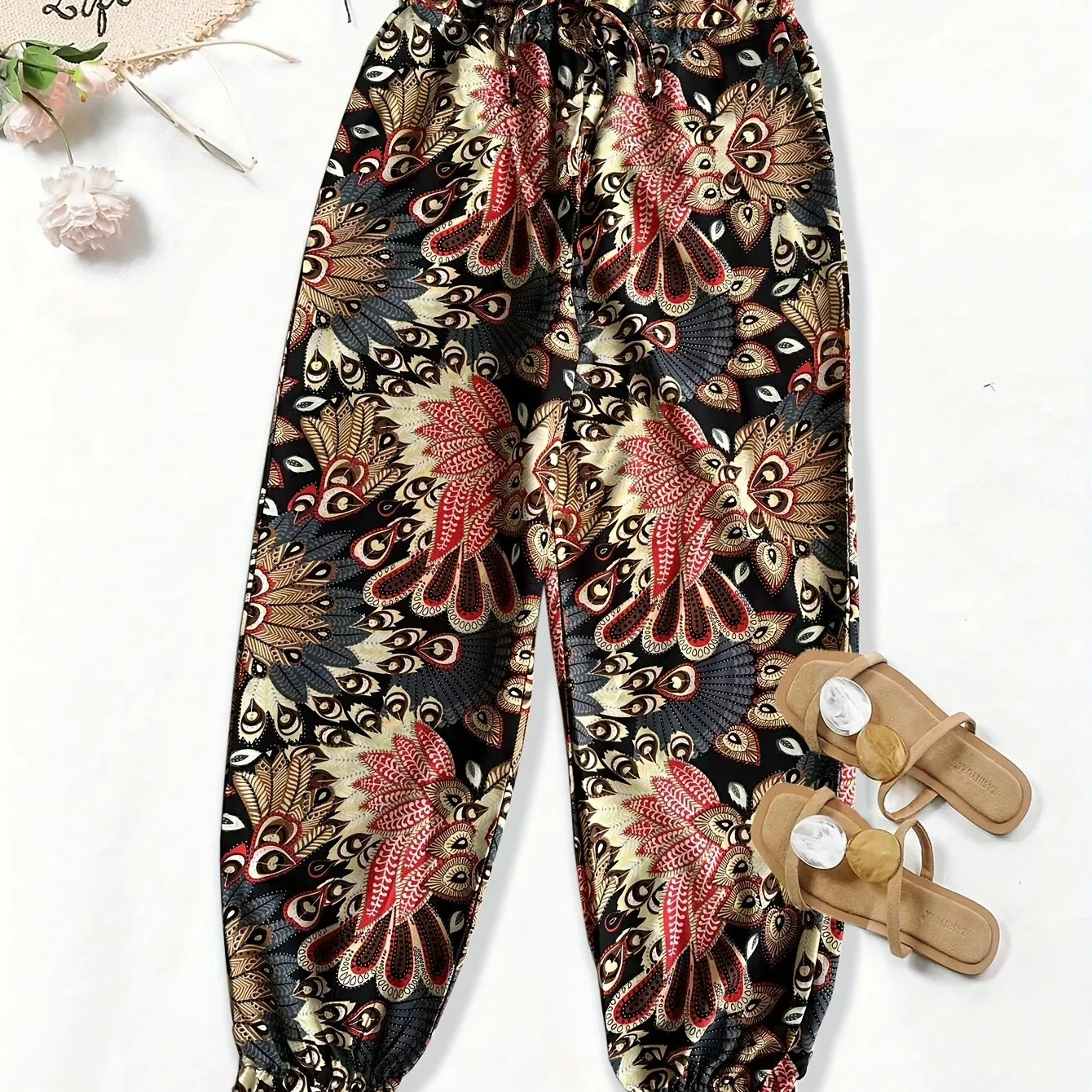 Chic and Durable Floral Print Baggy Joggers: Comfortable, Easy-Care Women's Pants with Pockets for All Seasons