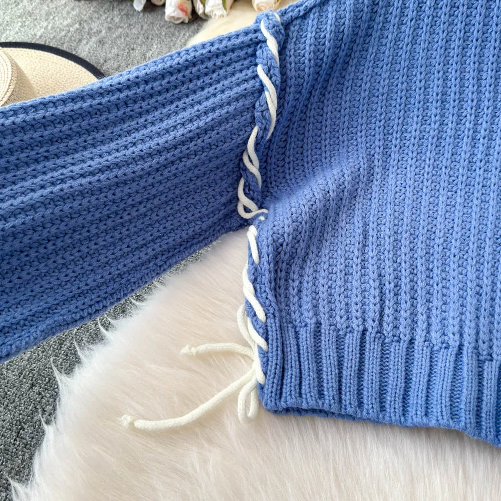 Chic Solid Color Drawstring Sweater