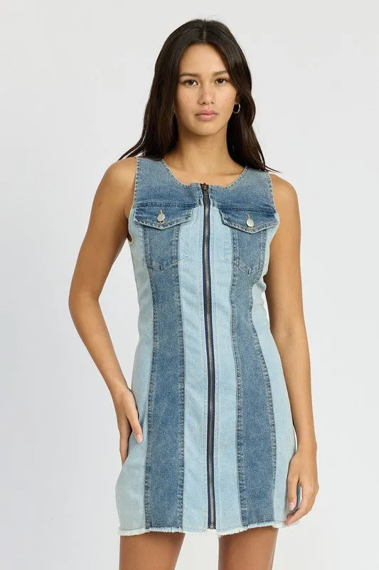 COLOR BLOCK DENIM MINI DRESS