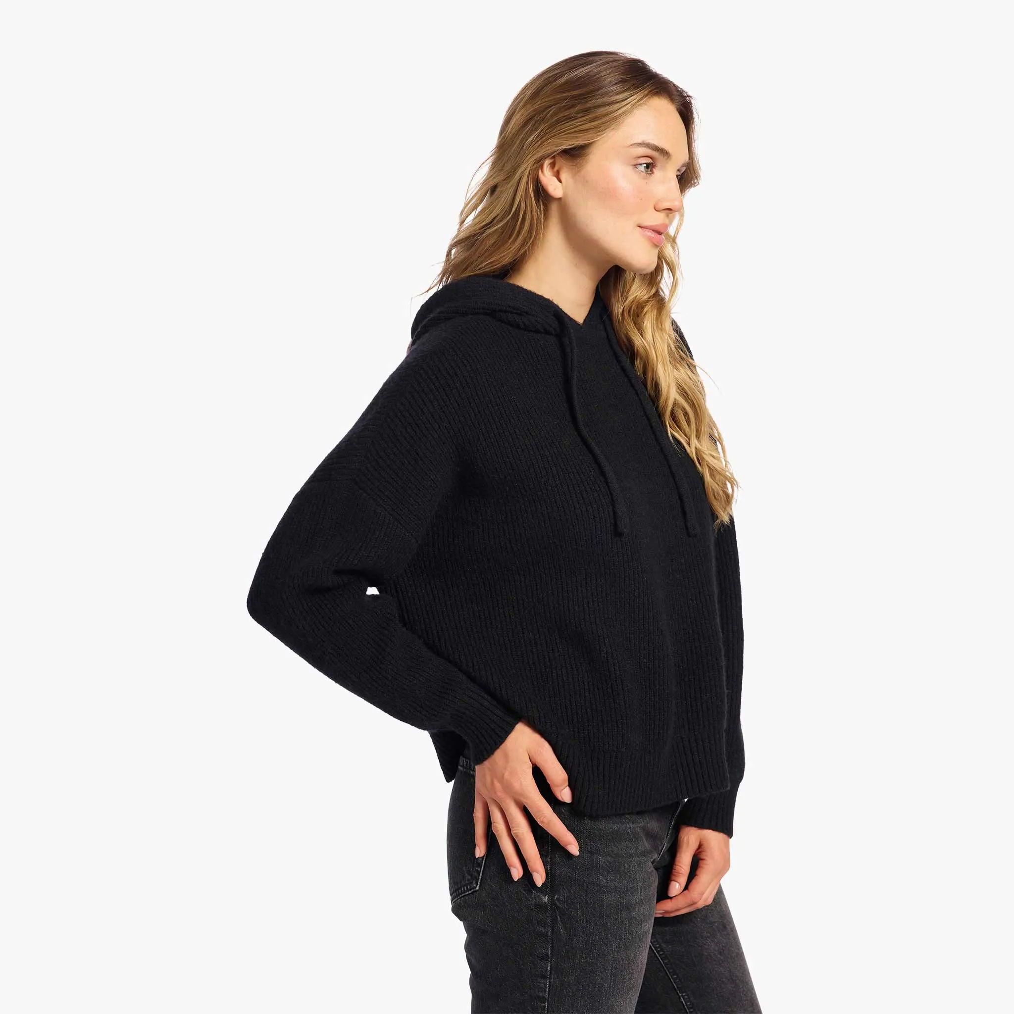 Cozy Knit Ribbed Sweater Hoodie | Black