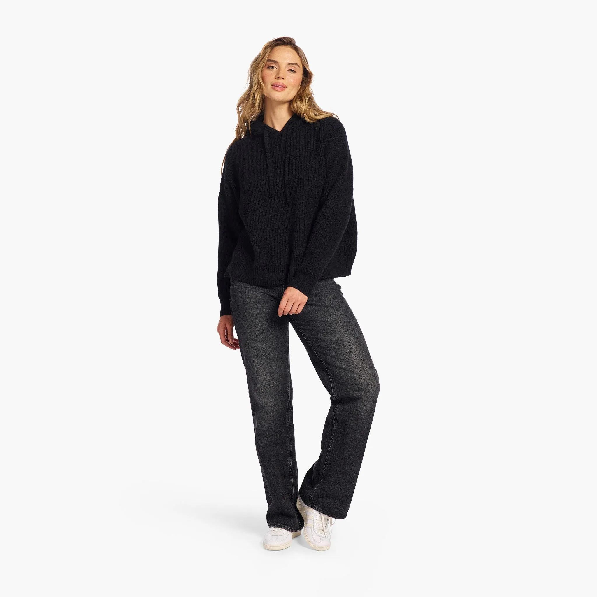 Cozy Knit Ribbed Sweater Hoodie | Black